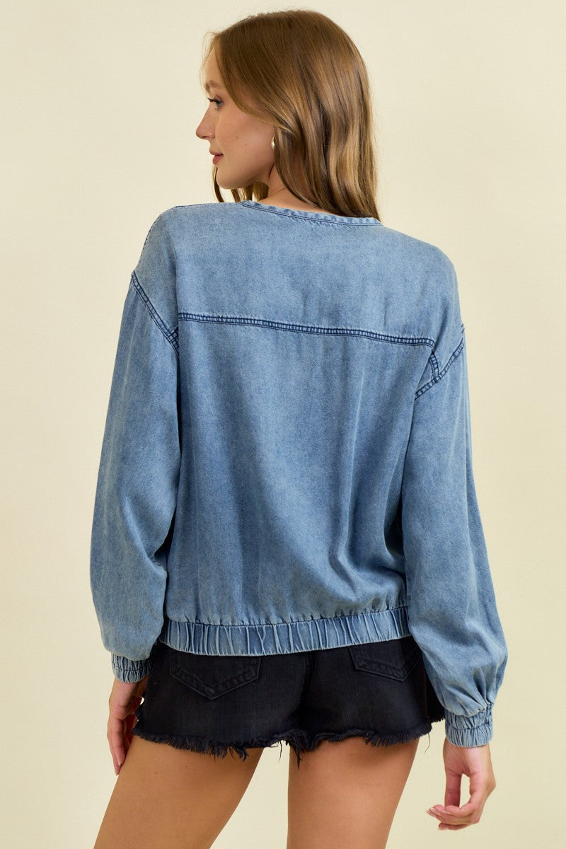 Denim Bomber Jacket with Zipper-Jackets-Krush Kandy, Women's Online Fashion Boutique Located in Phoenix, Arizona (Scottsdale Area)