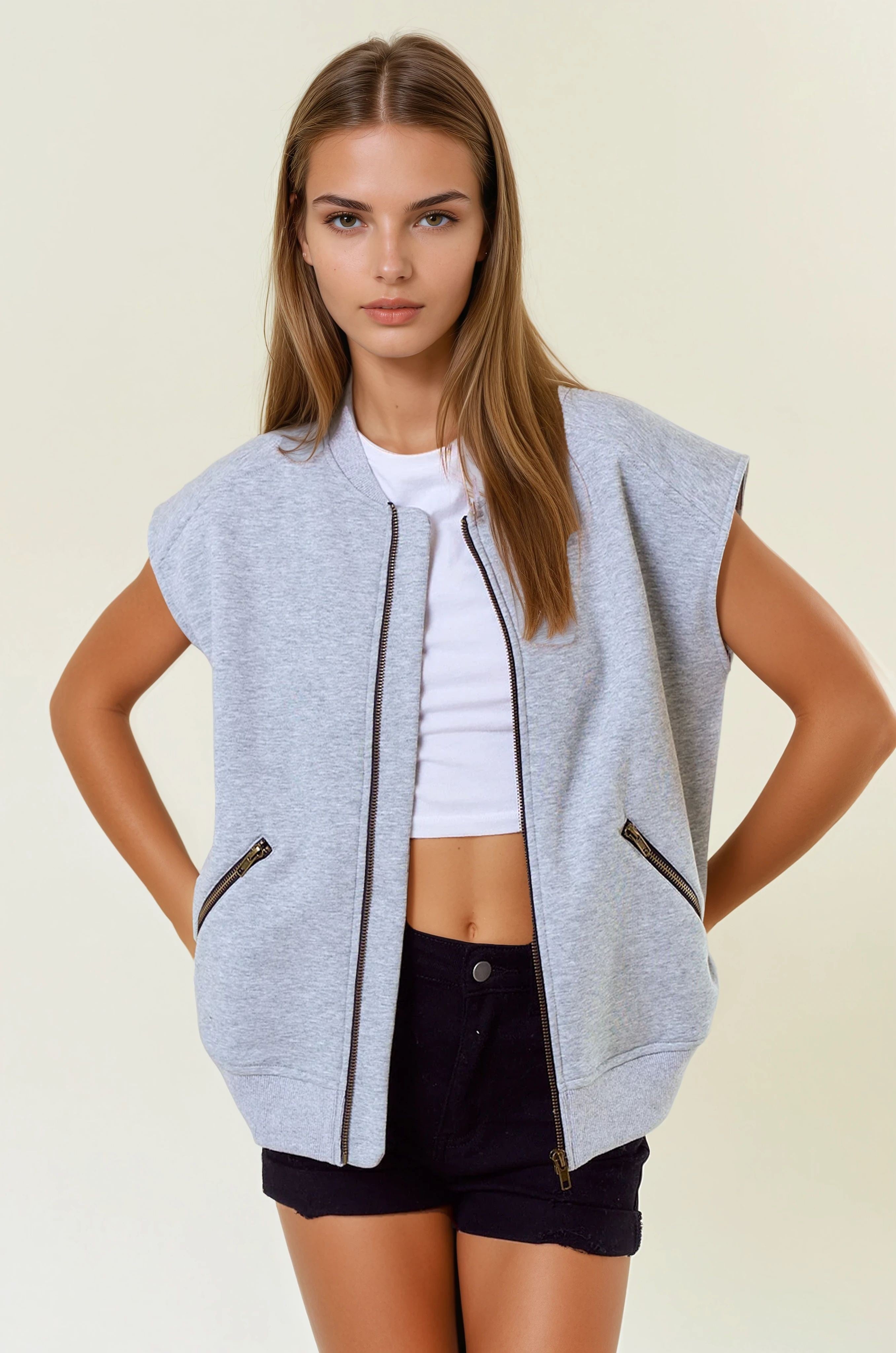 Round Neck Front Zip Fleece Vest with Metal Zipper Pockets-Vests-Krush Kandy, Women's Online Fashion Boutique Located in Phoenix, Arizona (Scottsdale Area)