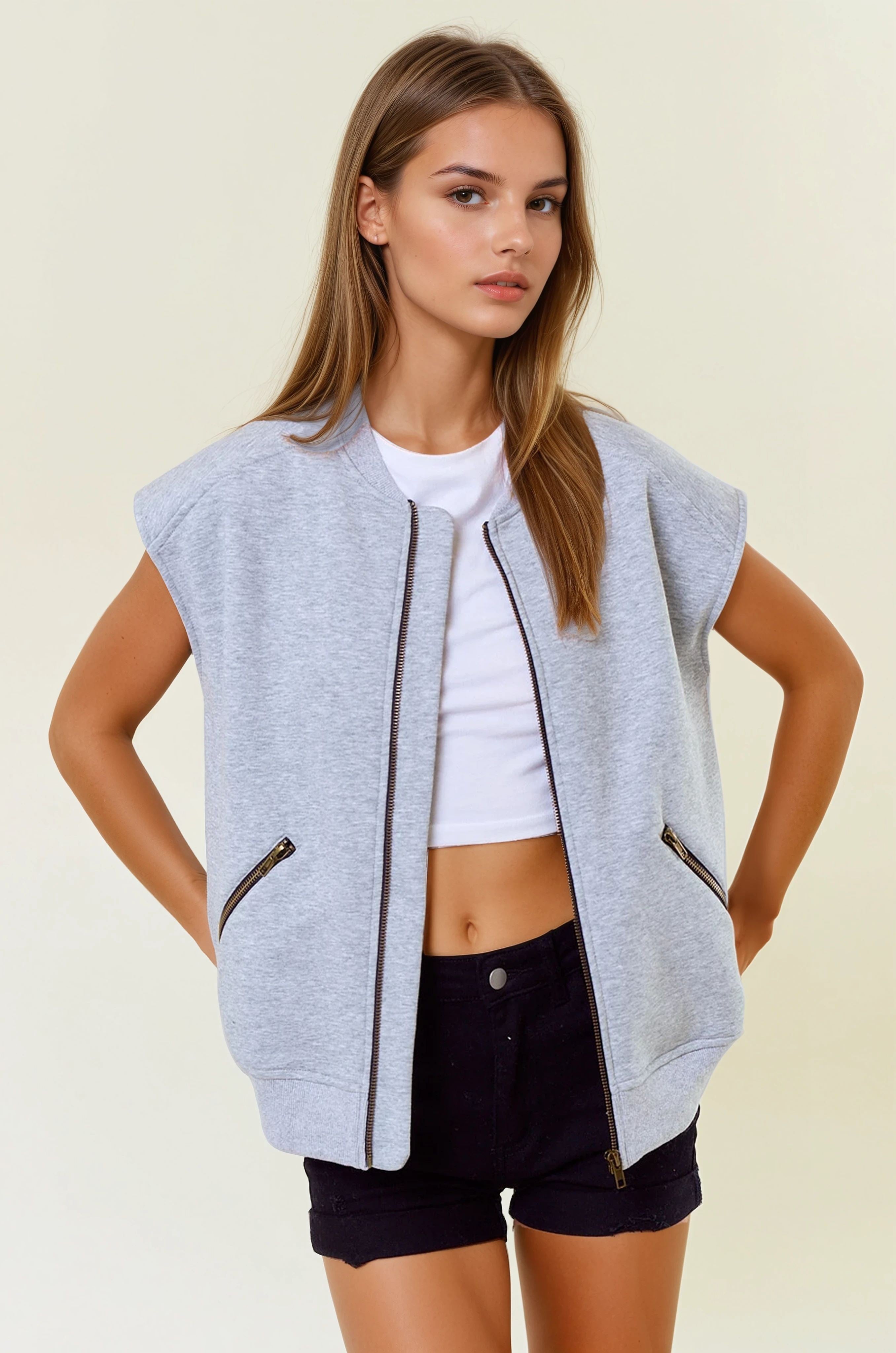 Round Neck Front Zip Fleece Vest with Metal Zipper Pockets-Vests-Krush Kandy, Women's Online Fashion Boutique Located in Phoenix, Arizona (Scottsdale Area)