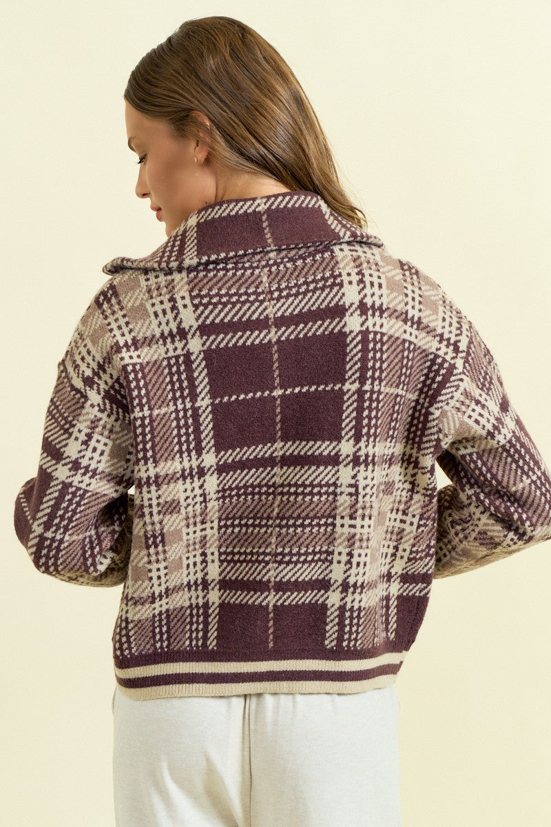 Plaid Knitted Two-Way Zip Sweater Jacket-Jackets-Krush Kandy, Women's Online Fashion Boutique Located in Phoenix, Arizona (Scottsdale Area)