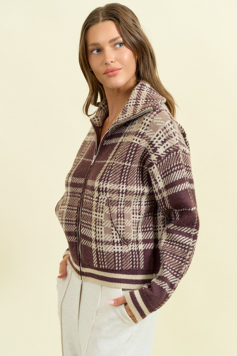 Plaid Knitted Two-Way Zip Sweater Jacket-Jackets-Krush Kandy, Women's Online Fashion Boutique Located in Phoenix, Arizona (Scottsdale Area)
