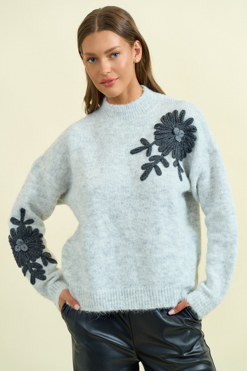 Floral Appliqué Mock Neck Sweater-Sweaters-Krush Kandy, Women's Online Fashion Boutique Located in Phoenix, Arizona (Scottsdale Area)