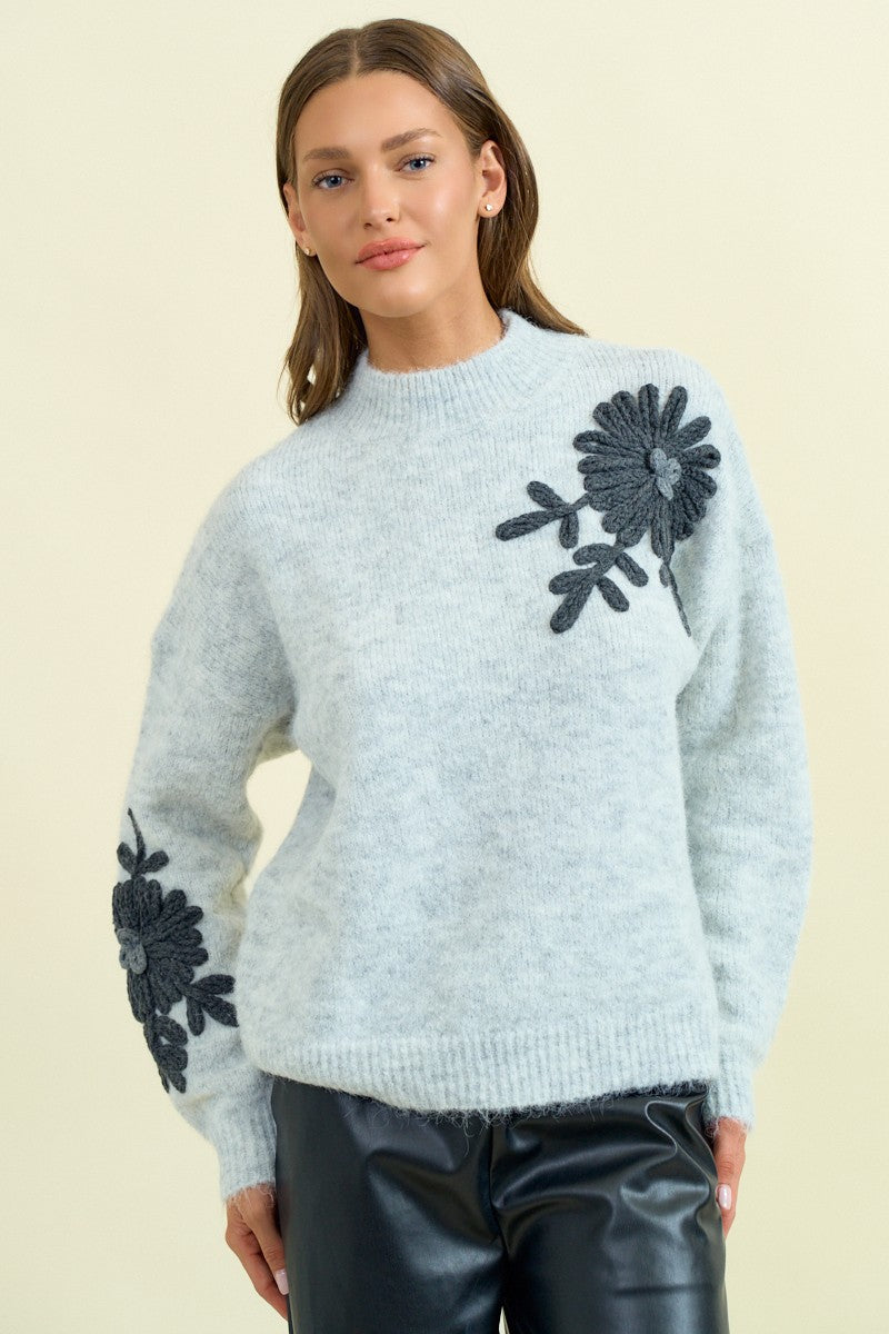 Floral Appliqué Mock Neck Sweater-Sweaters-Krush Kandy, Women's Online Fashion Boutique Located in Phoenix, Arizona (Scottsdale Area)