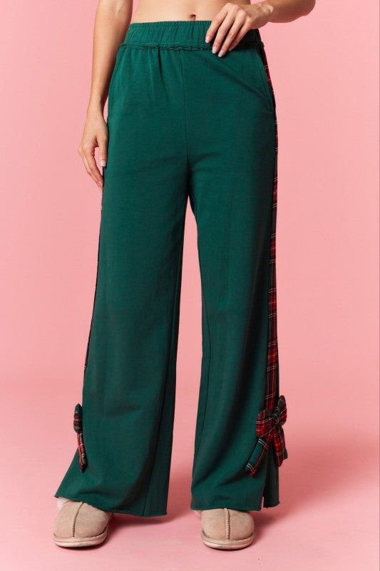 PLAID PADDED BOW & BAND DETAILED FRENCH TERRY TRACK PANTS-Pants-Krush Kandy, Women's Online Fashion Boutique Located in Phoenix, Arizona (Scottsdale Area)