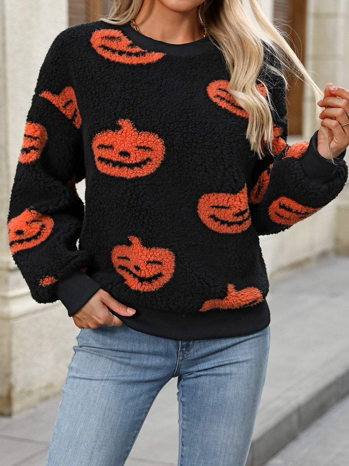 Fuzzy Pumpkin Round Neck Dropped Shoulder Sweater-Krush Kandy, Women's Online Fashion Boutique Located in Phoenix, Arizona (Scottsdale Area)