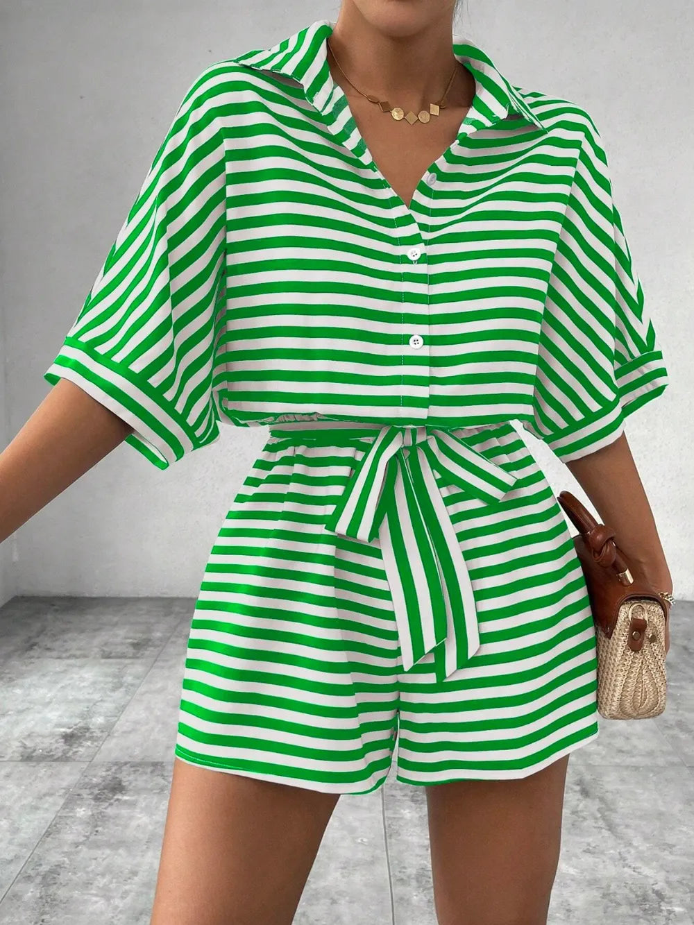 Tie Waist Half Button Striped Romper-Jumpsuits & Rompers-Krush Kandy, Women's Online Fashion Boutique Located in Phoenix, Arizona (Scottsdale Area)
