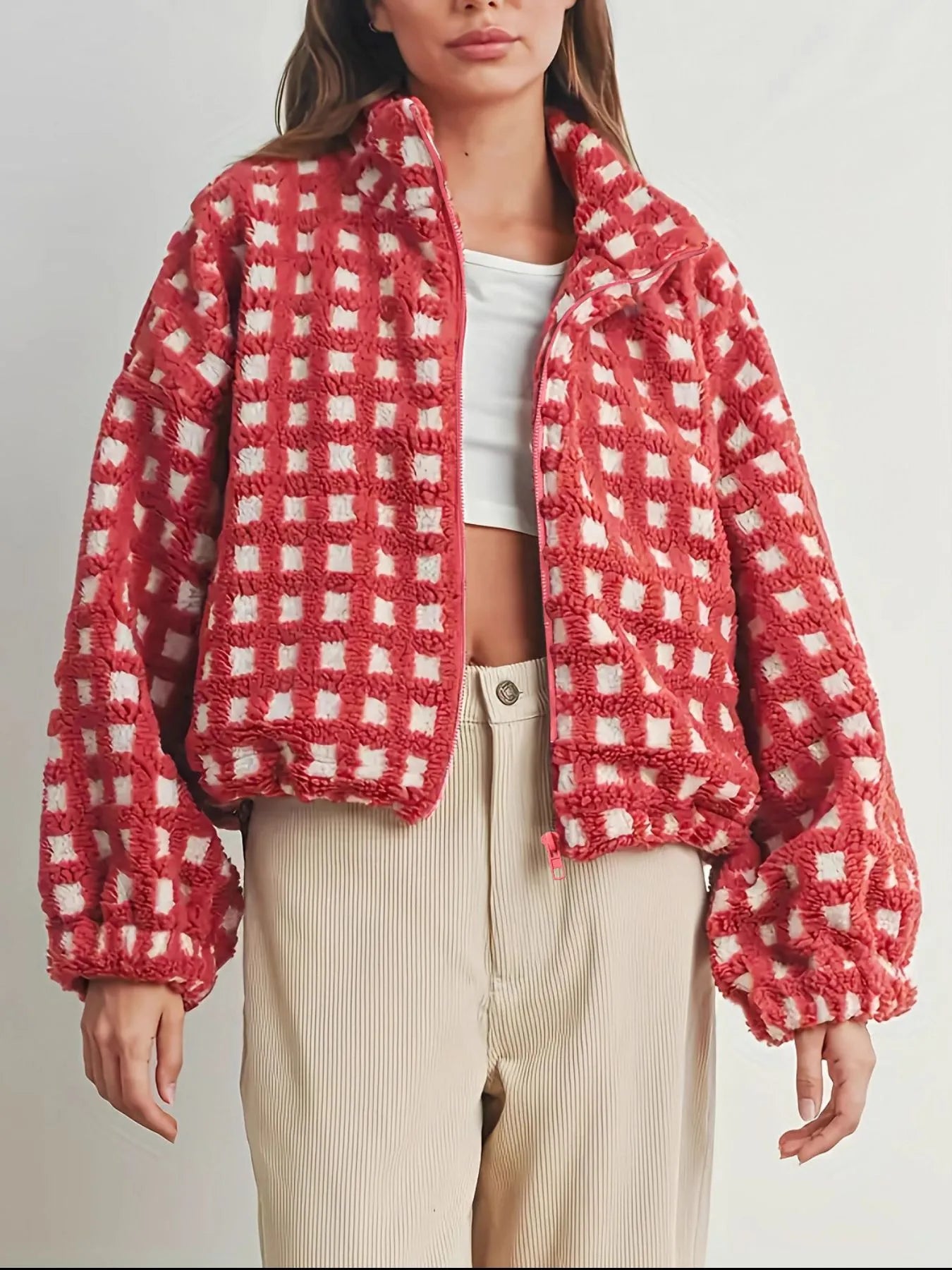 Fleece Checkered Puff Sleeve Bomber Jacket-Jacket-Krush Kandy, Women's Online Fashion Boutique Located in Phoenix, Arizona (Scottsdale Area)