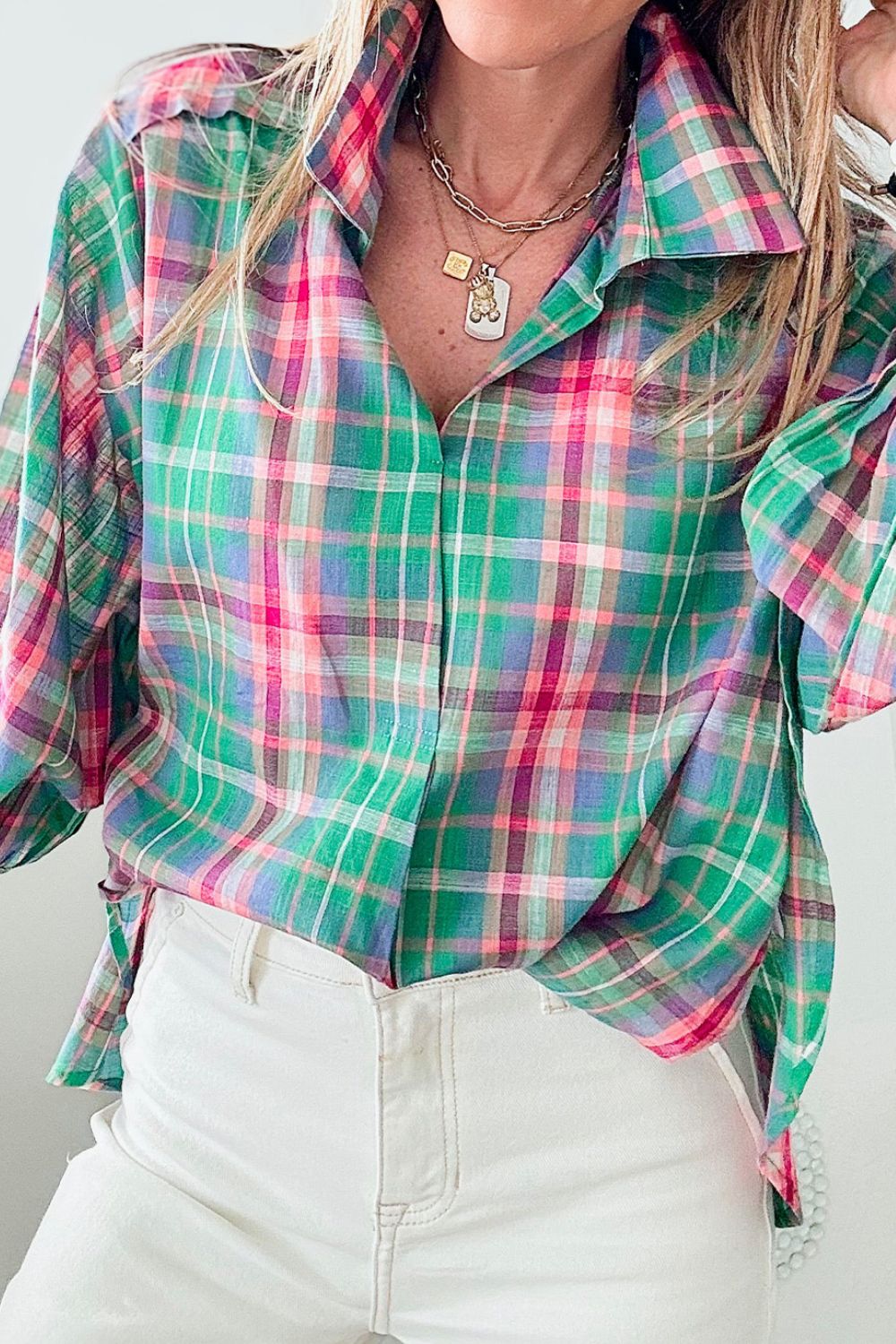 Plaid Collared Neck Three-Quarter Sleeve Shirt-Krush Kandy, Women's Online Fashion Boutique Located in Phoenix, Arizona (Scottsdale Area)