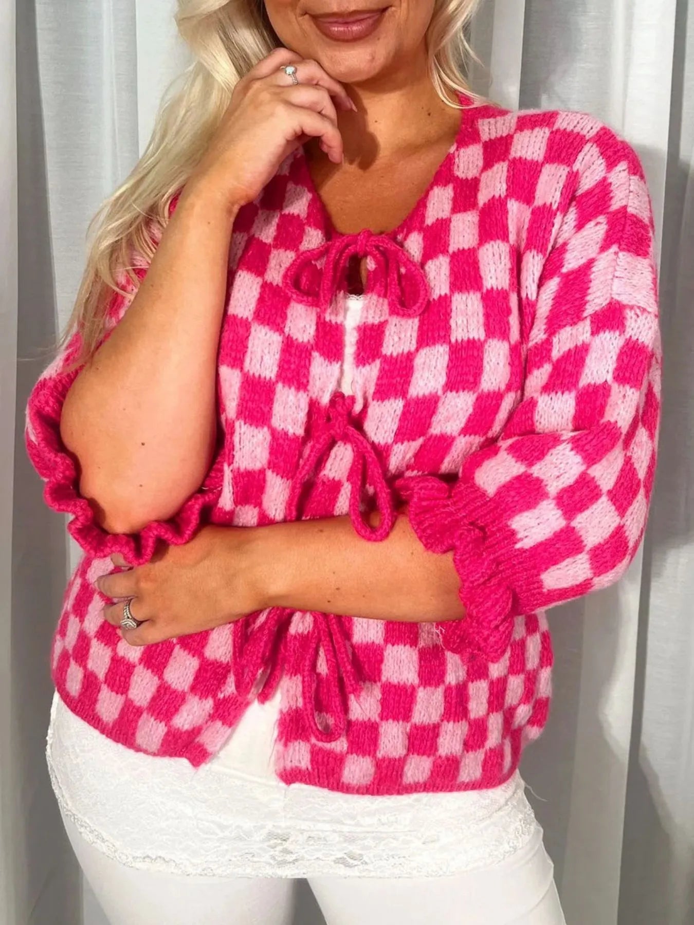 Checkered Tie-Front Knit Cardigan-Cardigan-Krush Kandy, Women's Online Fashion Boutique Located in Phoenix, Arizona (Scottsdale Area)