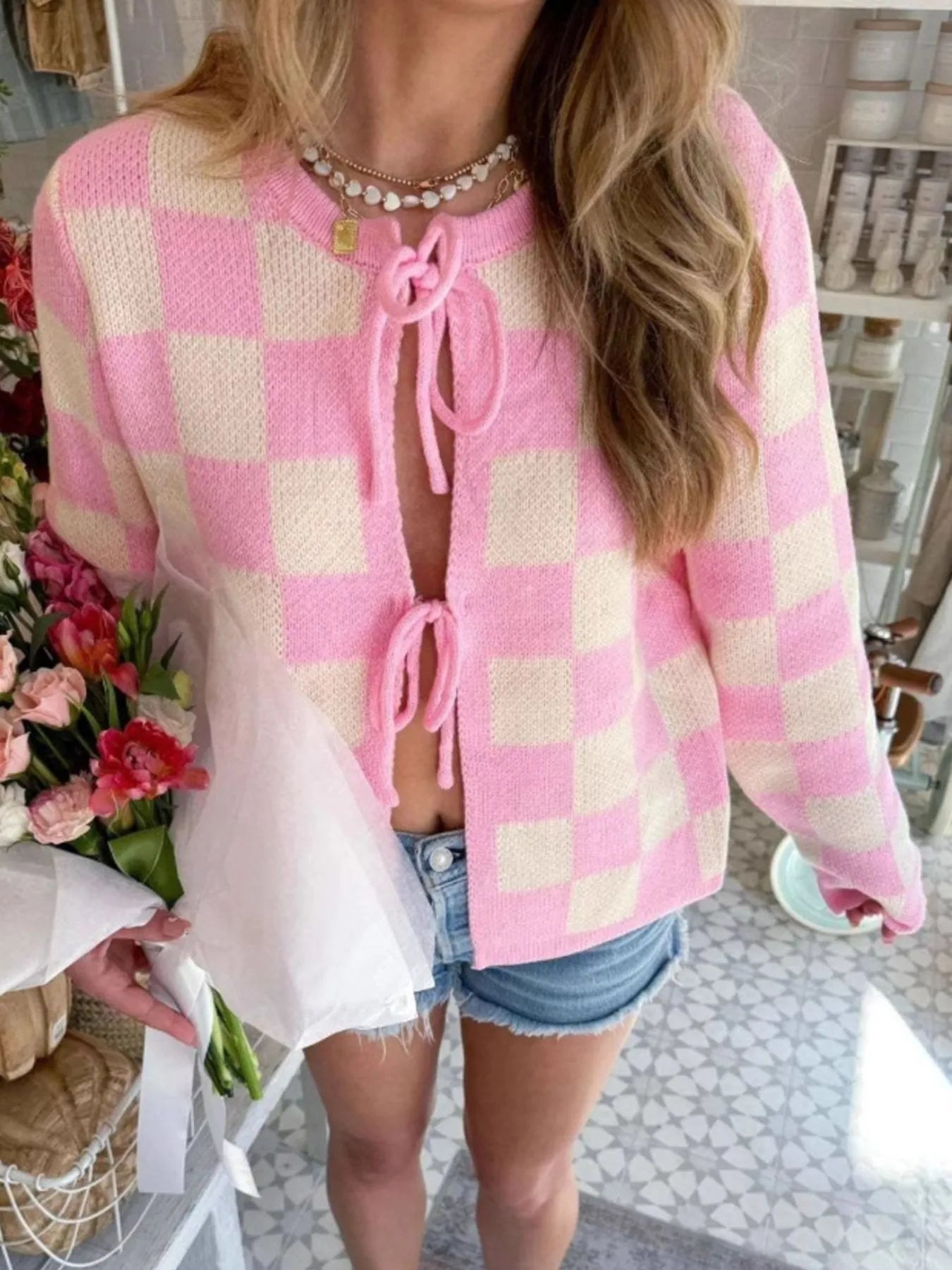 Checkered Tie-Front Cropped Cardigan-Cardigan-Krush Kandy, Women's Online Fashion Boutique Located in Phoenix, Arizona (Scottsdale Area)