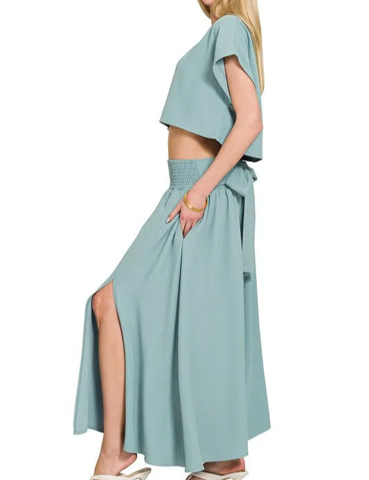 Heavy Woven Span Crop Tee & Skirt Set-2 Piece Outfit Sets-Krush Kandy, Women's Online Fashion Boutique Located in Phoenix, Arizona (Scottsdale Area)