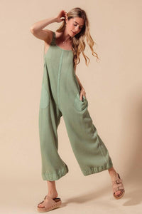 SO ME Mineral Washed Thermal Waffle Wide Leg Jumpsuit