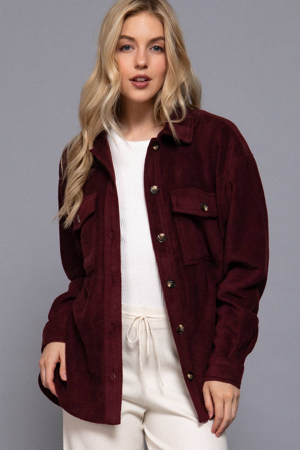Long Sleeve Notched Collar Front Pocket Fleece Jacket-Coats-Krush Kandy, Women's Online Fashion Boutique Located in Phoenix, Arizona (Scottsdale Area)