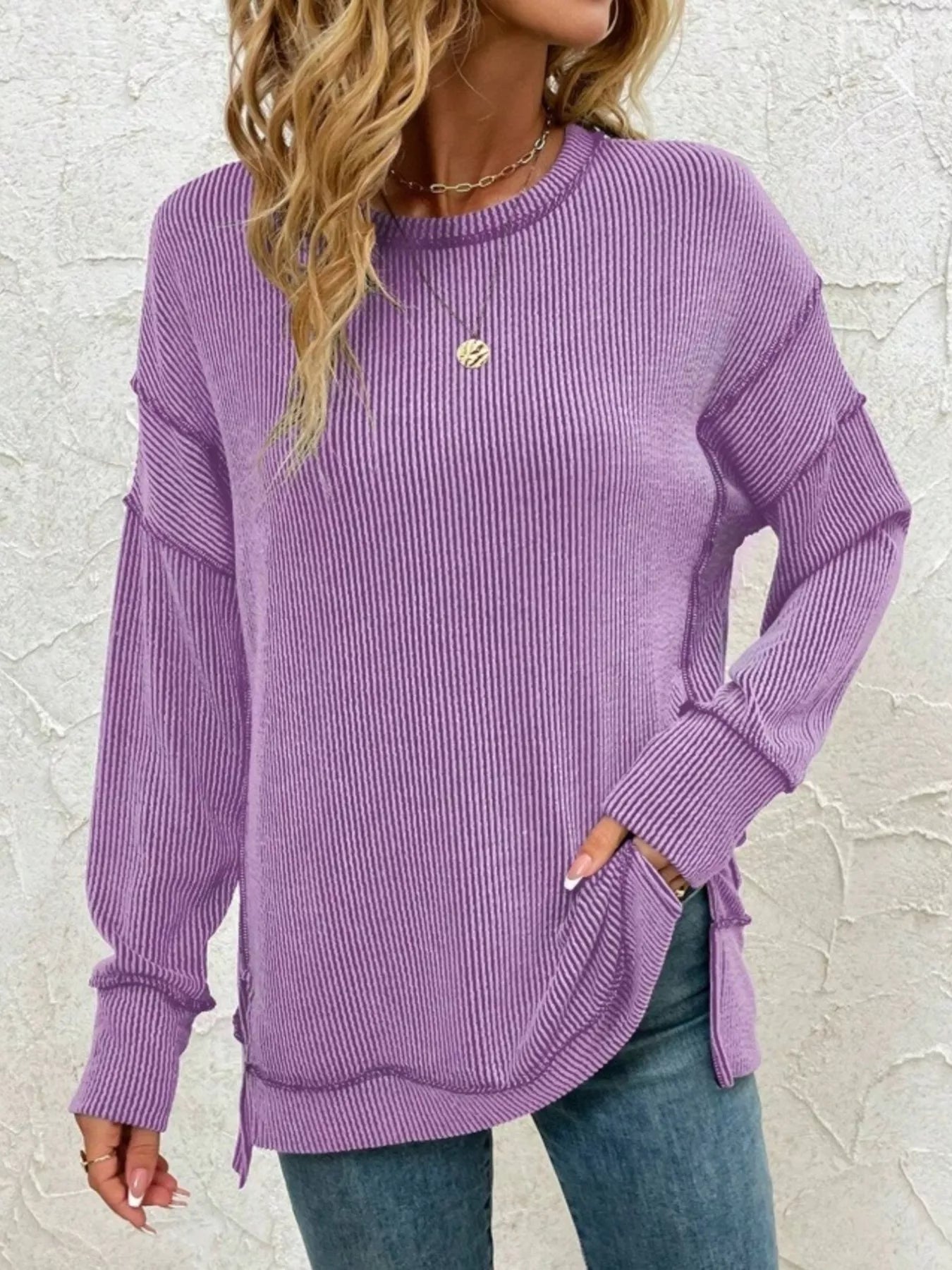 Side Slit Round Neck Dropped Shoulder Sweatshirt-Sweaters-Krush Kandy, Women's Online Fashion Boutique Located in Phoenix, Arizona (Scottsdale Area)