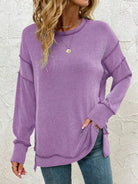 Side Slit Round Neck Dropped Shoulder Sweatshirt-Sweaters-Krush Kandy, Women's Online Fashion Boutique Located in Phoenix, Arizona (Scottsdale Area)