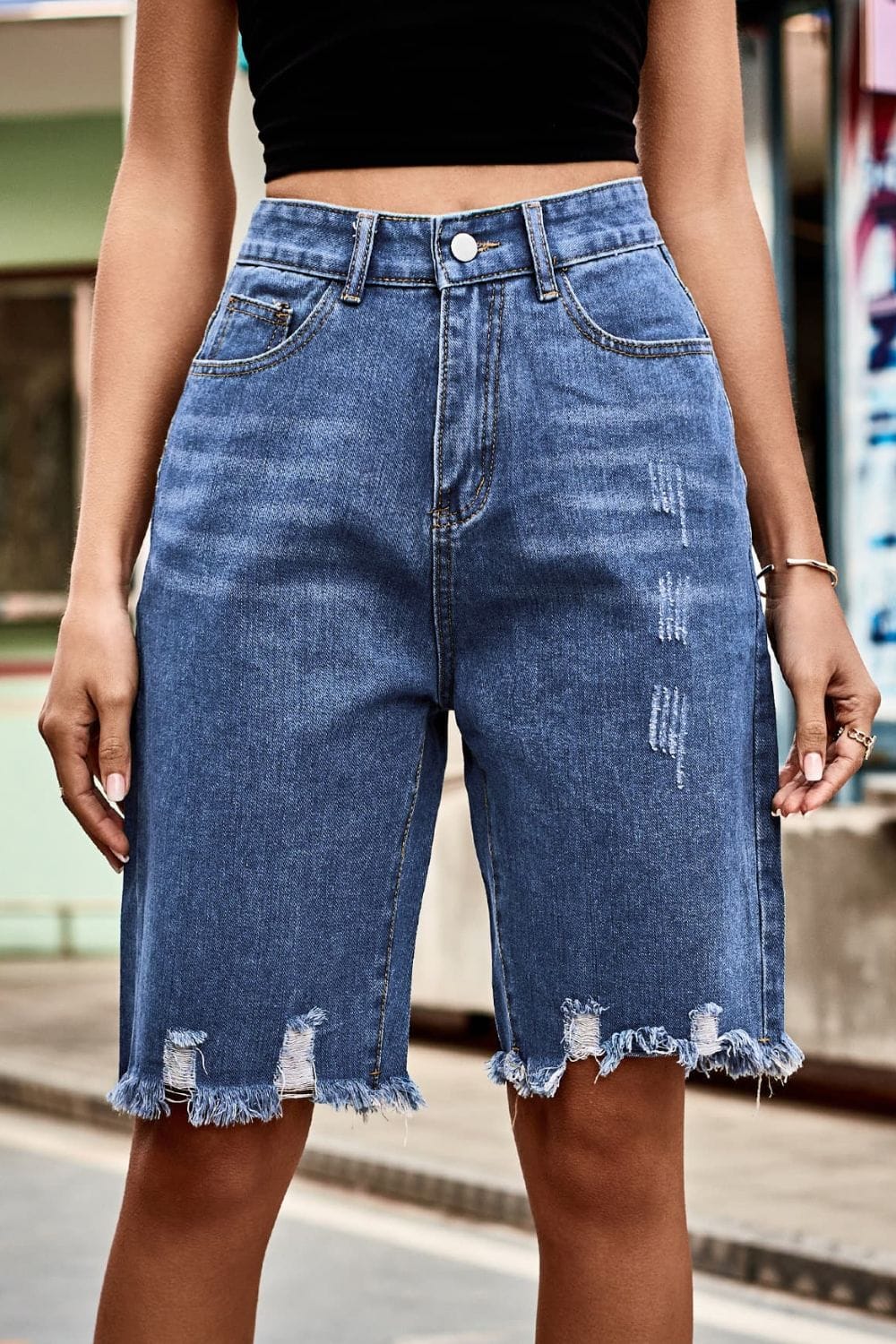 Raw Hem High Waist Denim Shorts with Pockets-Short-Krush Kandy, Women's Online Fashion Boutique Located in Phoenix, Arizona (Scottsdale Area)