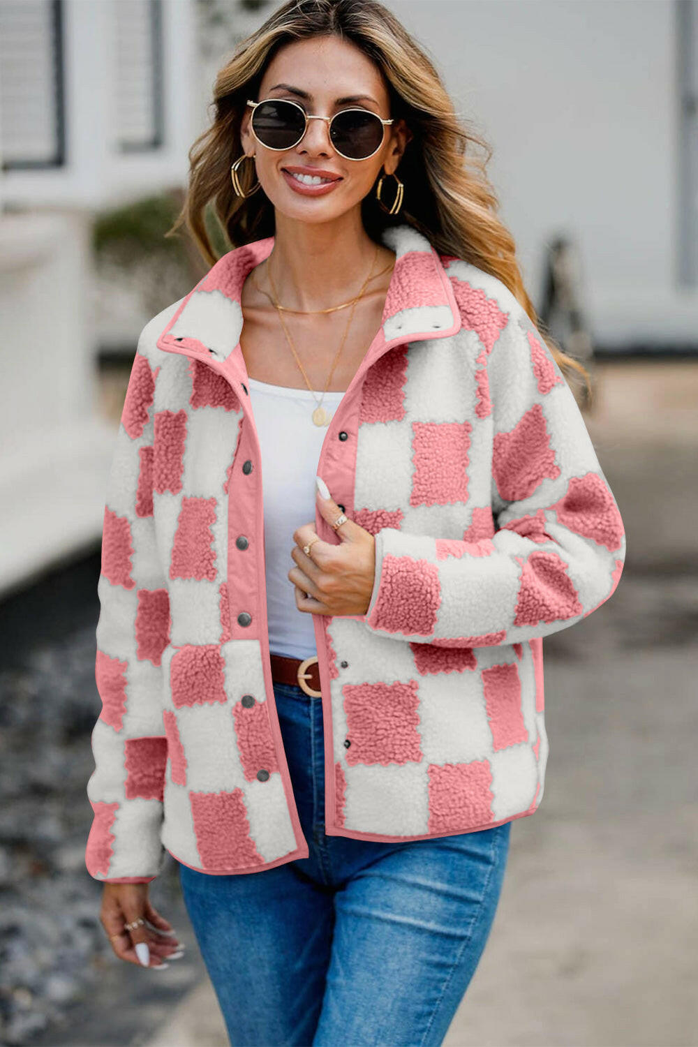 Checkered Teddy Jacket with Buttoned Pockets