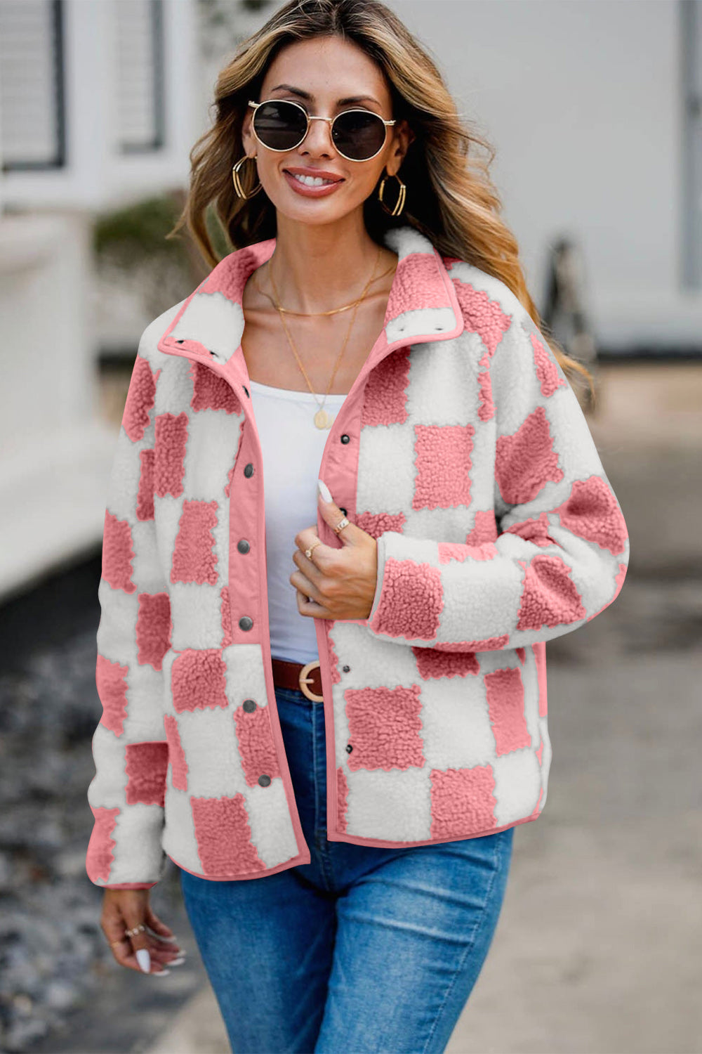 Checkered Snap Down Long Sleeve Teddy Jacket-Krush Kandy, Women's Online Fashion Boutique Located in Phoenix, Arizona (Scottsdale Area)