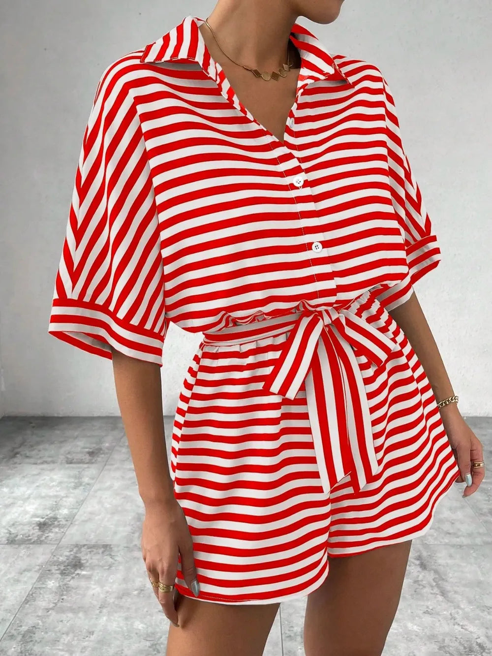 Tie Waist Half Button Striped Romper-Jumpsuits & Rompers-Krush Kandy, Women's Online Fashion Boutique Located in Phoenix, Arizona (Scottsdale Area)