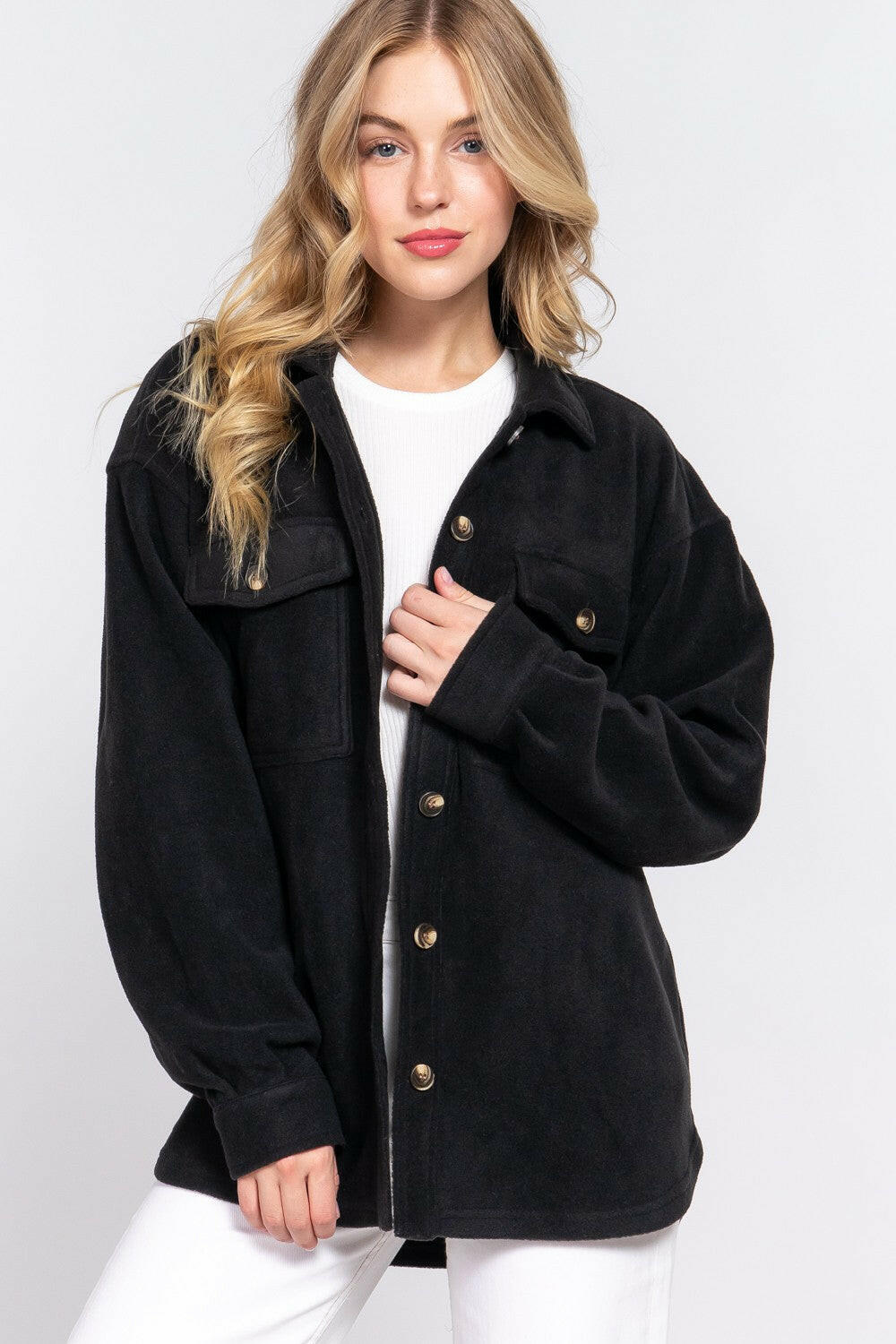 LONG SLEEVE NOTCHED COLLAR FRONT POCKET FLEECE JACKET-Krush Kandy, Women's Online Fashion Boutique Located in Phoenix, Arizona (Scottsdale Area)