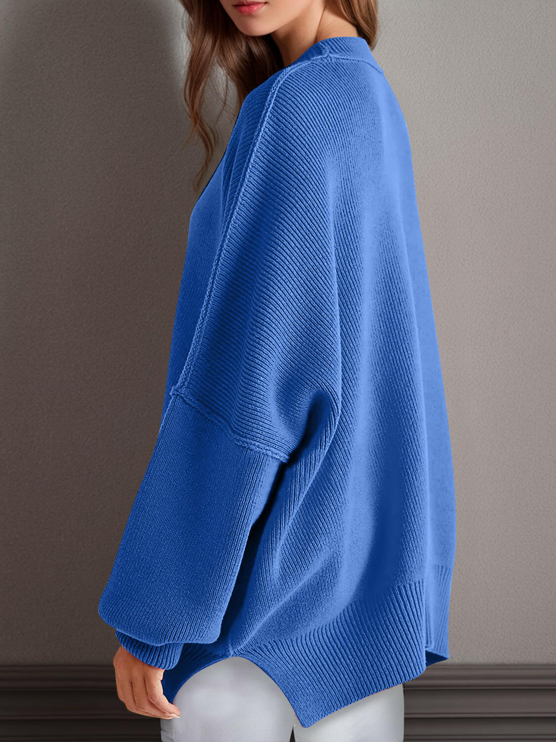 Double Take Side Slit Round Neck Long Sleeve Sweater-Sweaters-Krush Kandy, Women's Online Fashion Boutique Located in Phoenix, Arizona (Scottsdale Area)