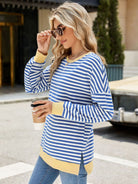 Slit Striped Round Neck Long Sleeve Sweatshirt-Krush Kandy, Women's Online Fashion Boutique Located in Phoenix, Arizona (Scottsdale Area)