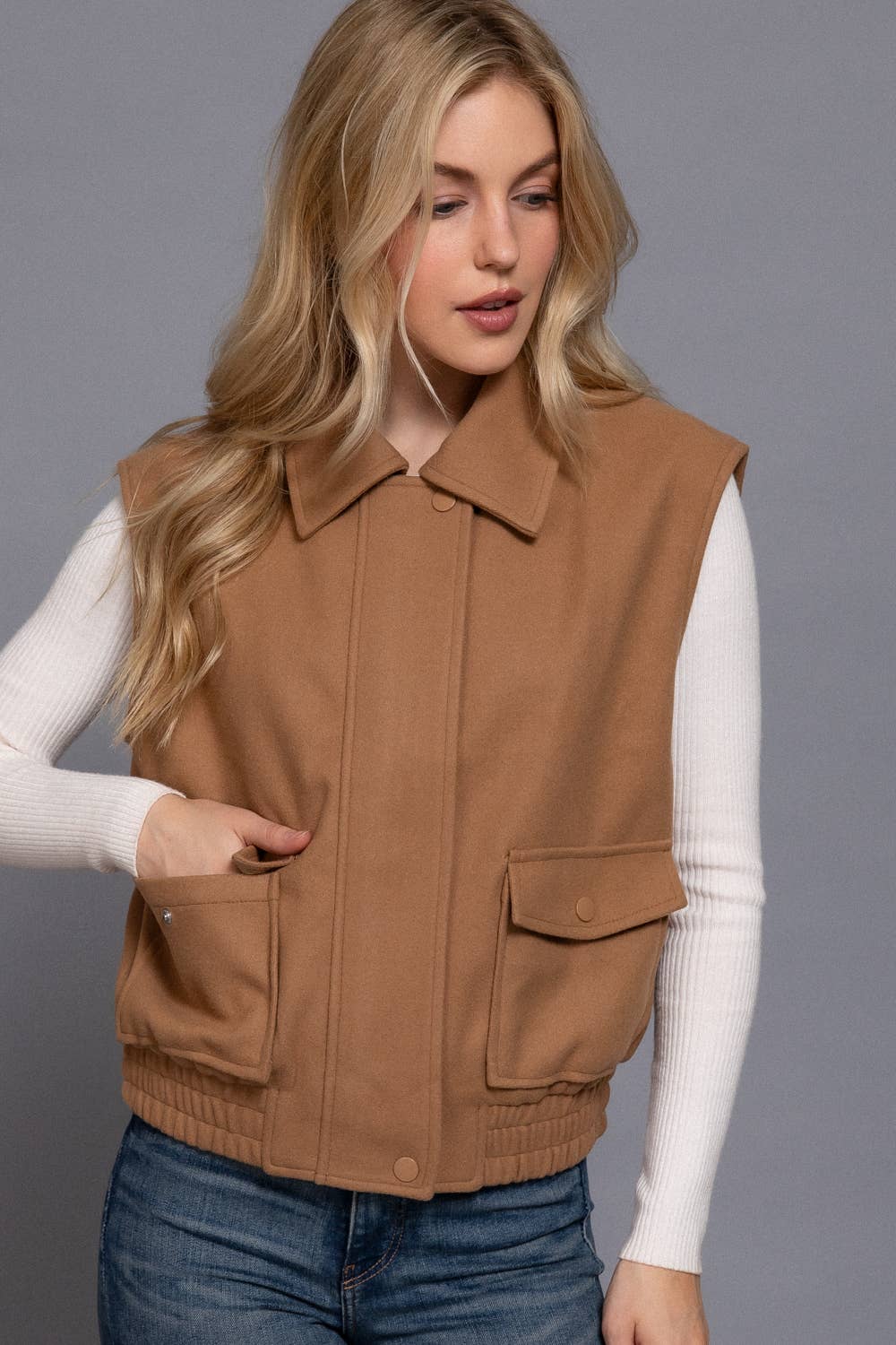 Notched Collar Soft Felt Zip Up Vest-Vests-Krush Kandy, Women's Online Fashion Boutique Located in Phoenix, Arizona (Scottsdale Area)