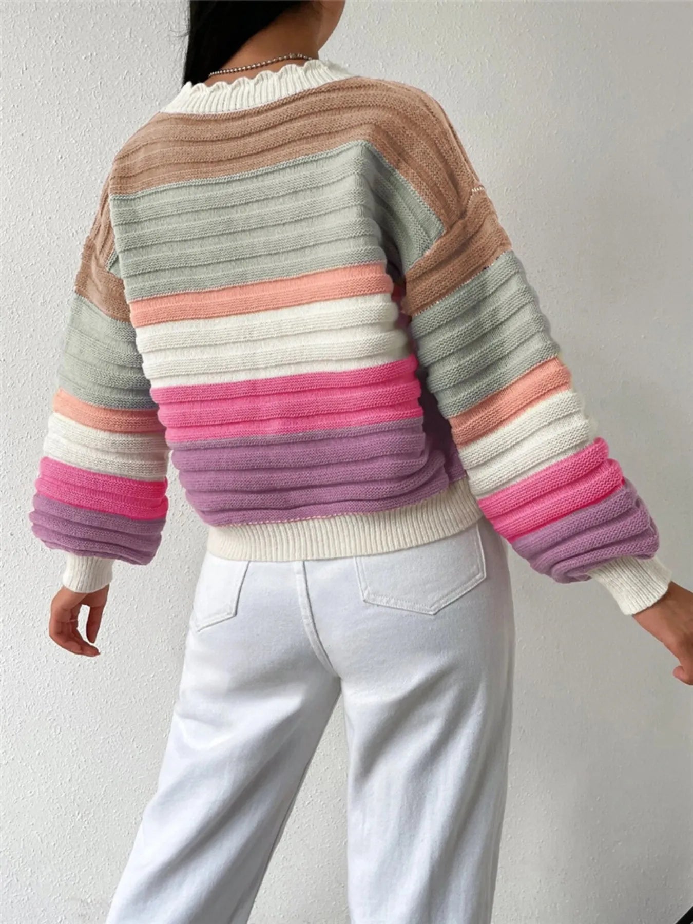 Rainbow Striped Cropped Cardigan with Balloon Sleeves-Cardigan-Krush Kandy, Women's Online Fashion Boutique Located in Phoenix, Arizona (Scottsdale Area)