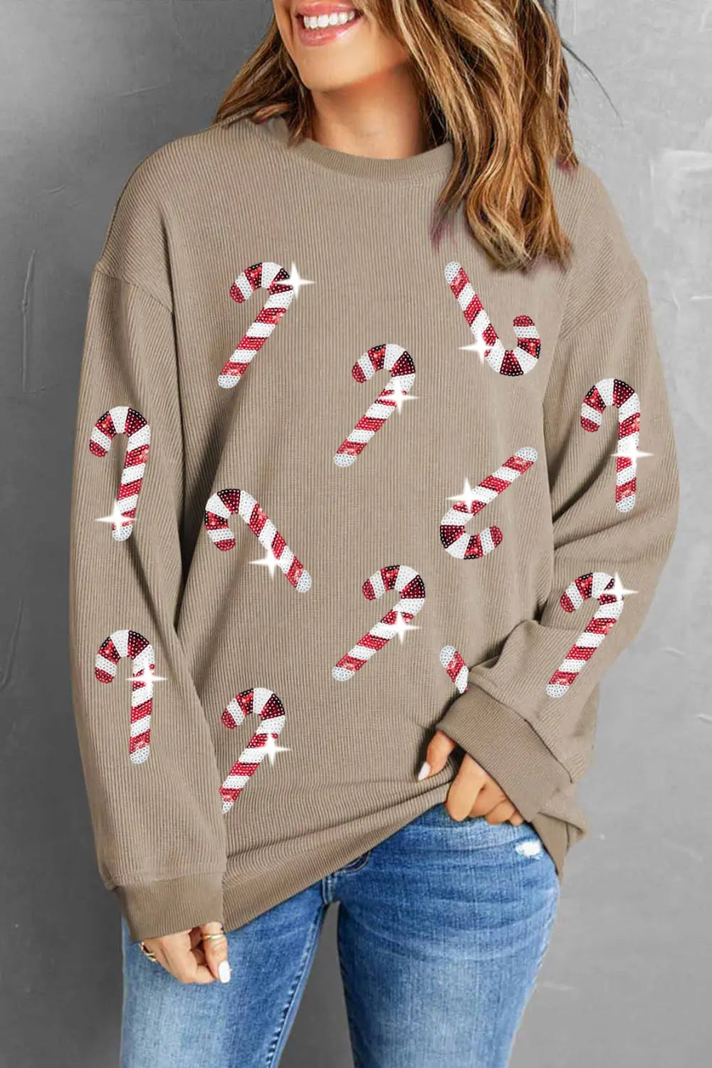 Sequin Candy Cane Round Neck Sweatshirt-Sweaters-Krush Kandy, Women's Online Fashion Boutique Located in Phoenix, Arizona (Scottsdale Area)