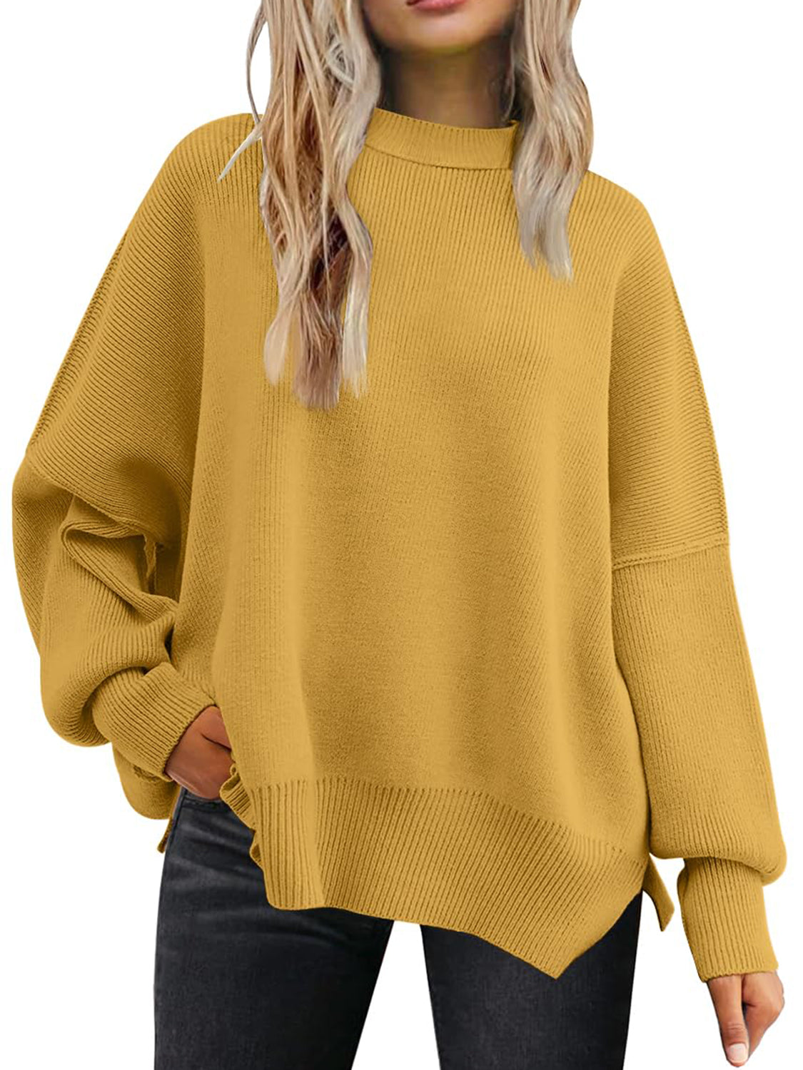 Slit Round Neck Dropped Shoulder Sweater-Krush Kandy, Women's Online Fashion Boutique Located in Phoenix, Arizona (Scottsdale Area)