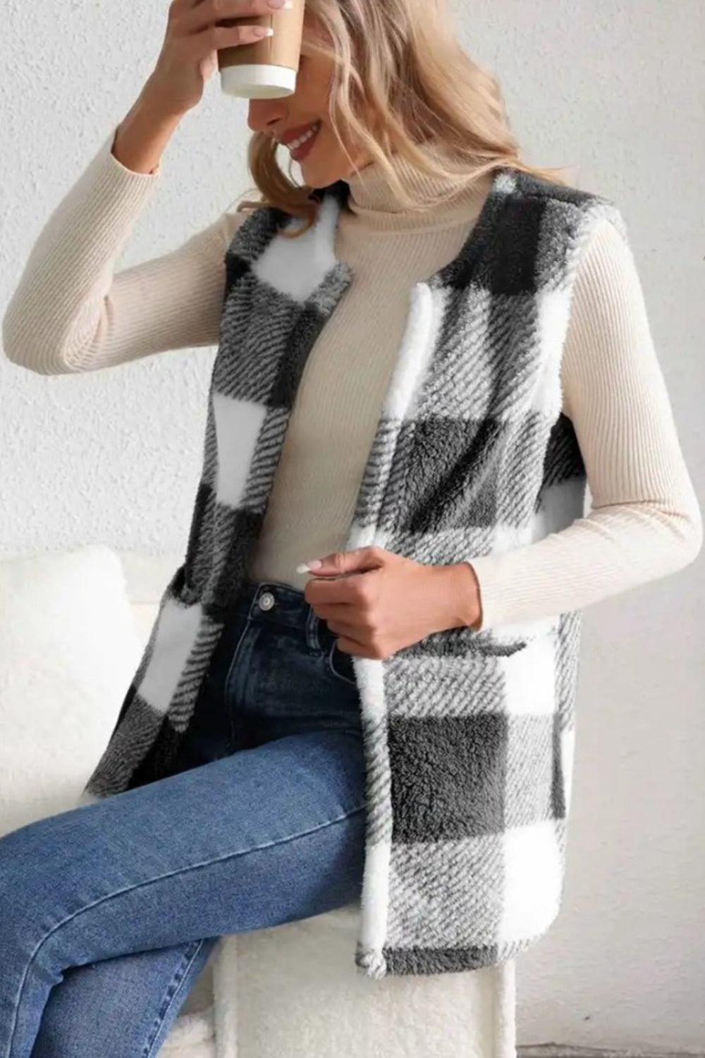 Sherpa Plaid Open Front Vest Coat-Krush Kandy, Women's Online Fashion Boutique Located in Phoenix, Arizona (Scottsdale Area)