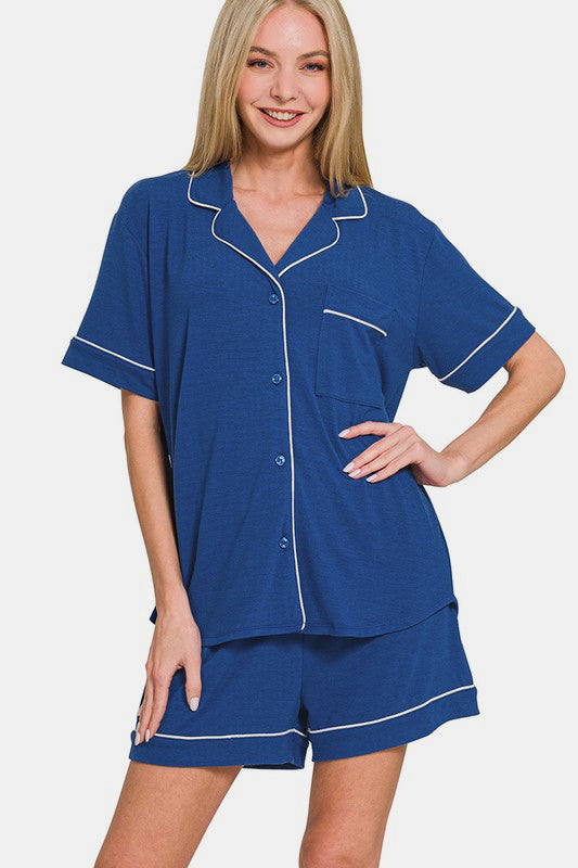 Zenana Button Down Short Sleeve Top and Shorts Lounge Set-Loungewear-Krush Kandy, Women's Online Fashion Boutique Located in Phoenix, Arizona (Scottsdale Area)