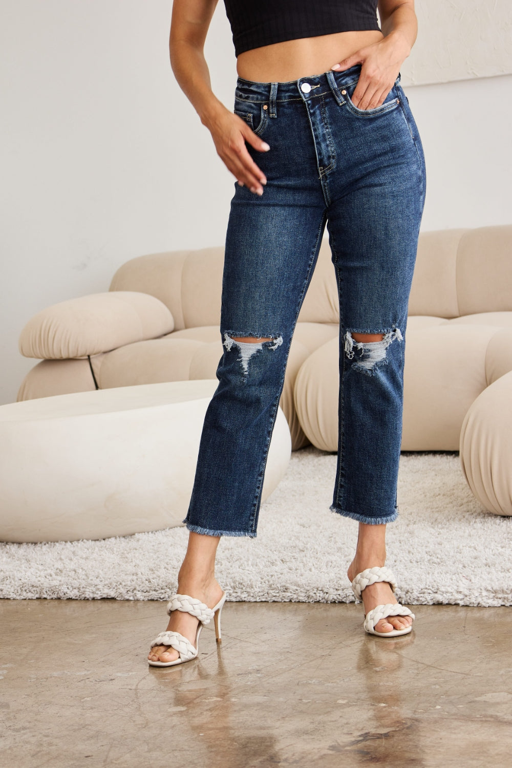 RFM Crop Dylan Full Size Tummy Control Distressed High Waist Raw Hem Jeans-Jeans-Krush Kandy, Women's Online Fashion Boutique Located in Phoenix, Arizona (Scottsdale Area)