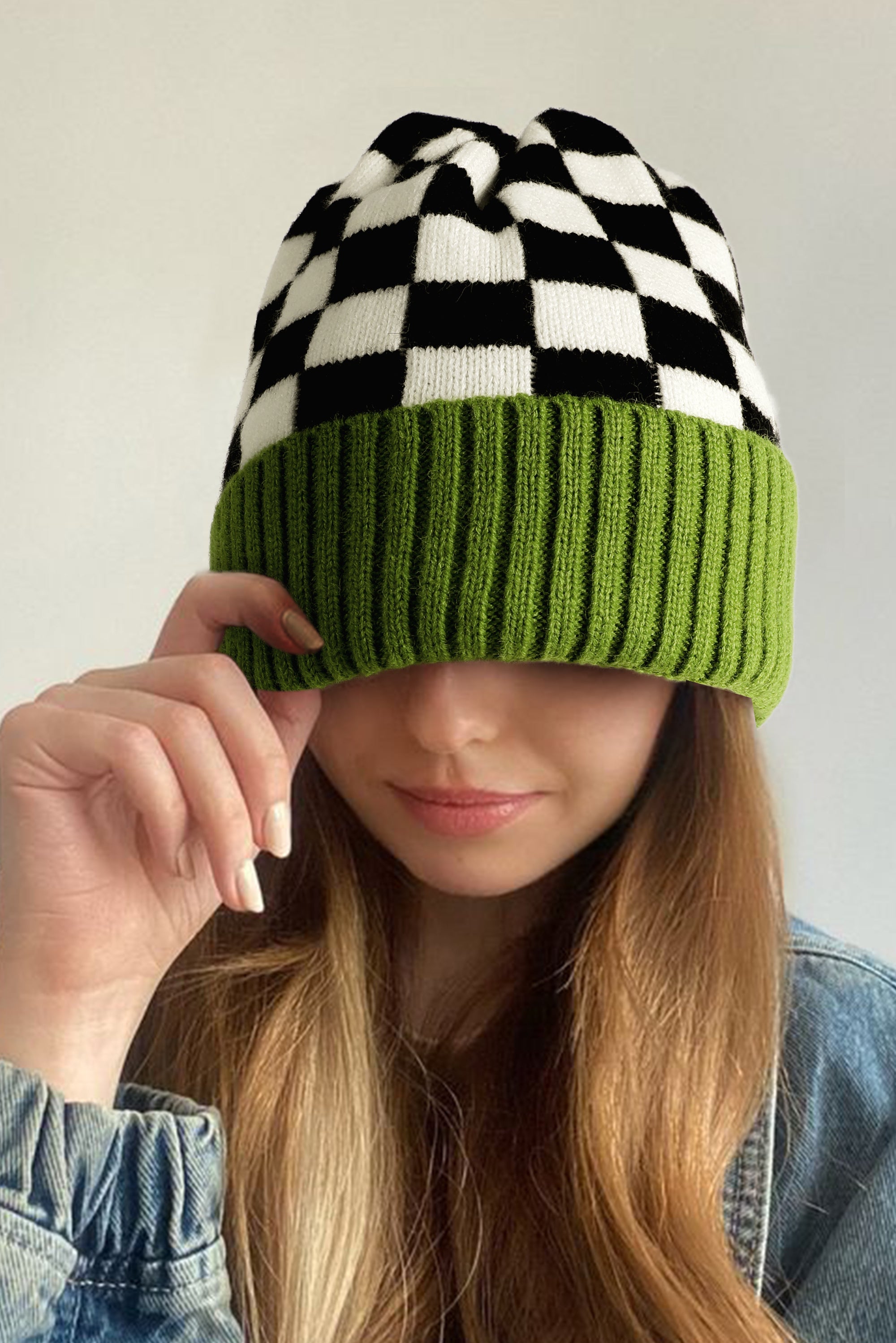 Checkerboard Beanie with Green Cuff-Hats-Krush Kandy, Women's Online Fashion Boutique Located in Phoenix, Arizona (Scottsdale Area)