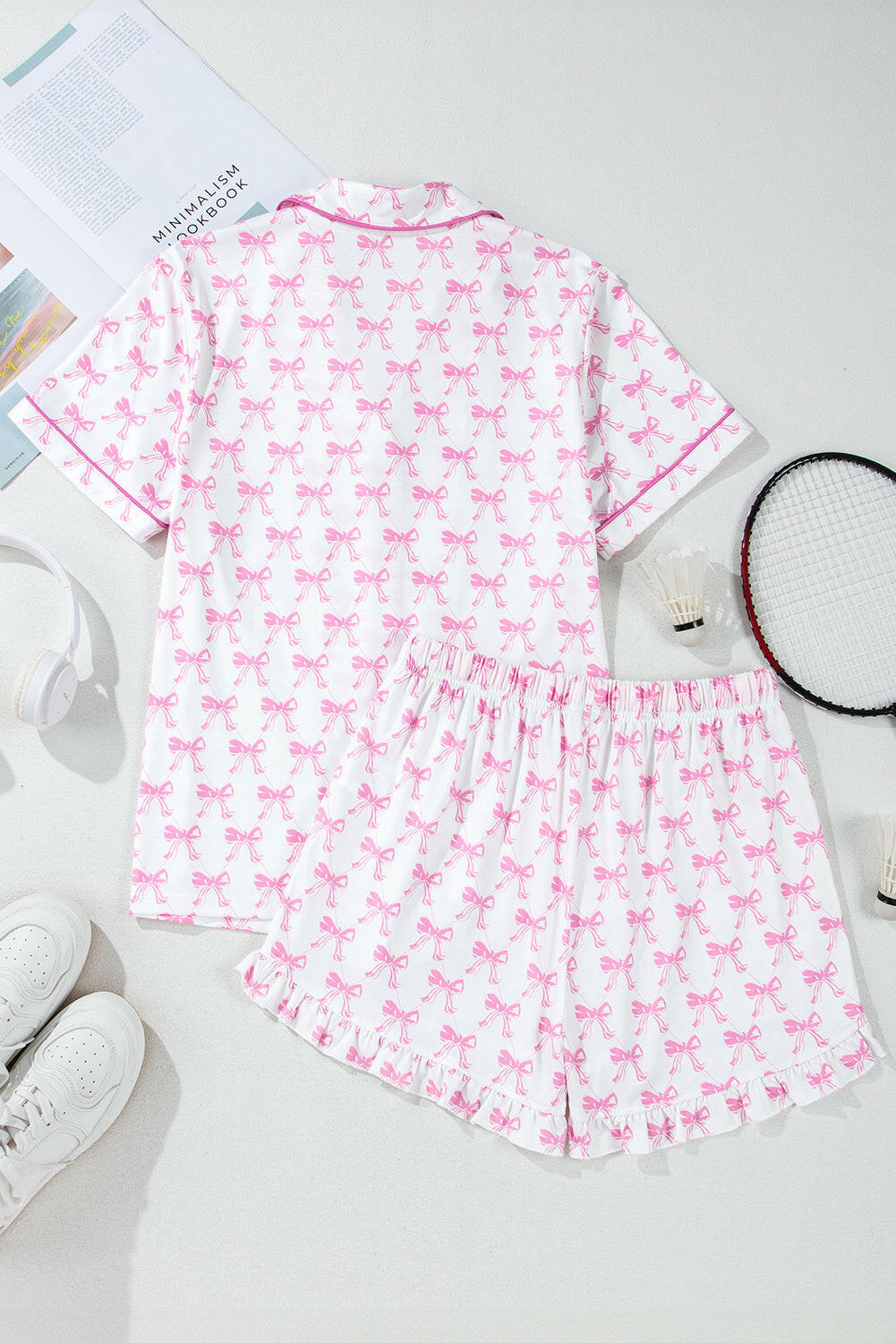 Romantic Pink Bow Knot Ruffle Pajama Set-2 Piece Outfit Sets-Krush Kandy, Women's Online Fashion Boutique Located in Phoenix, Arizona (Scottsdale Area)