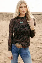 Black Western Rodeo Mock Neck Mesh Top-Long Sleeve Tops-Krush Kandy, Women's Online Fashion Boutique Located in Phoenix, Arizona (Scottsdale Area)