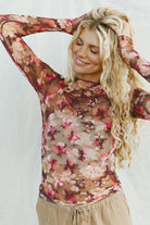 Bloom in Style: Red Floral Mesh Top-Long Sleeve Tops-Krush Kandy, Women's Online Fashion Boutique Located in Phoenix, Arizona (Scottsdale Area)