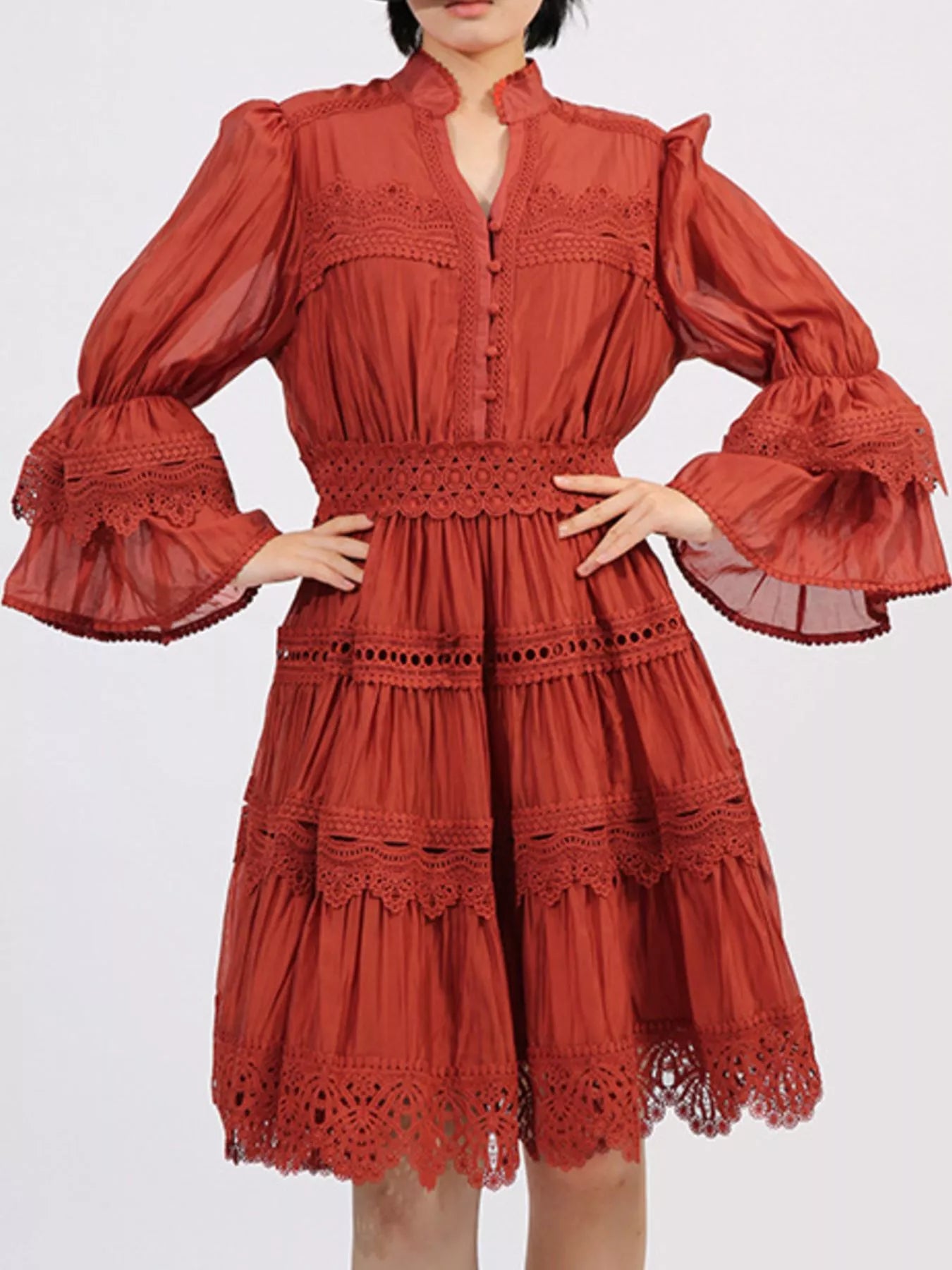 Ruffle Lace Trim Long Sleeve Dress-Dresses-Krush Kandy, Women's Online Fashion Boutique Located in Phoenix, Arizona (Scottsdale Area)