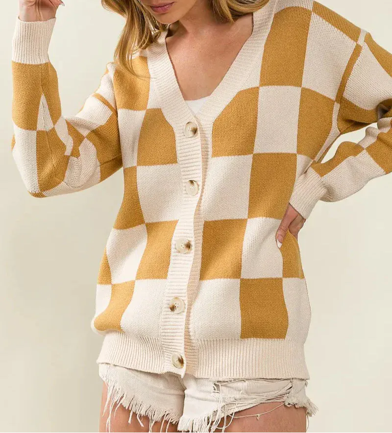 BiBi Checked V-neck Cardigan-Tops-Krush Kandy, Women's Online Fashion Boutique Located in Phoenix, Arizona (Scottsdale Area)