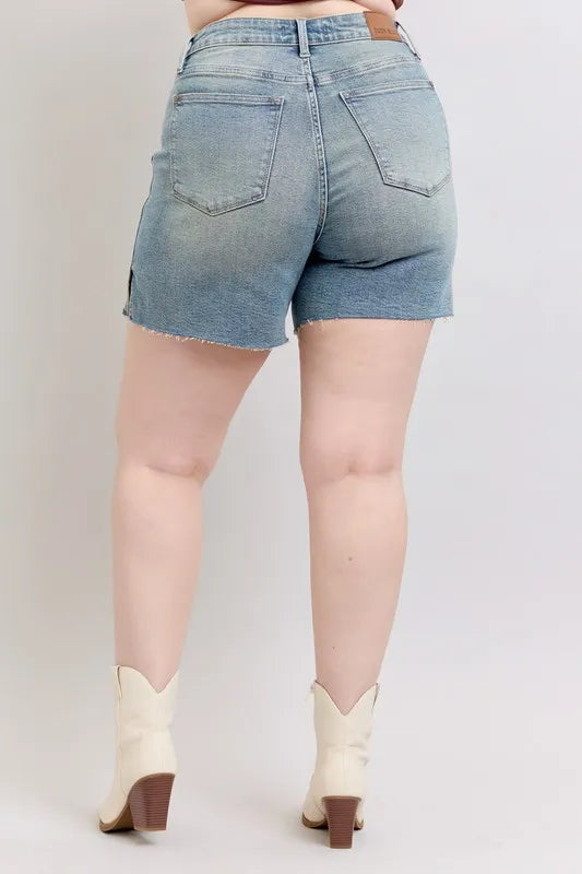 Judy Blue Full Size High Waist Vintage Wash Side Slit Denim Shorts Plus Size-Denim-Krush Kandy, Women's Online Fashion Boutique Located in Phoenix, Arizona (Scottsdale Area)
