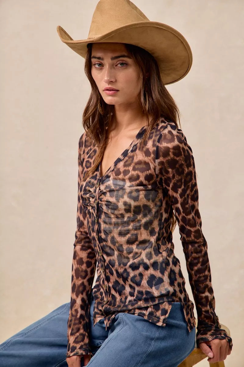 BiBi Leopard Printed Mesh Shirt With Button Up V Neck-Tops-Krush Kandy, Women's Online Fashion Boutique Located in Phoenix, Arizona (Scottsdale Area)