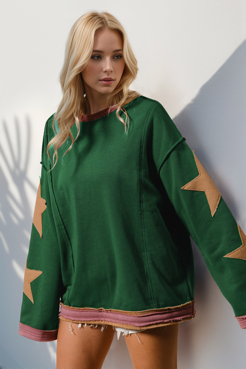 Star Patched Long Sleeve Sweatshirt-Krush Kandy, Women's Online Fashion Boutique Located in Phoenix, Arizona (Scottsdale Area)