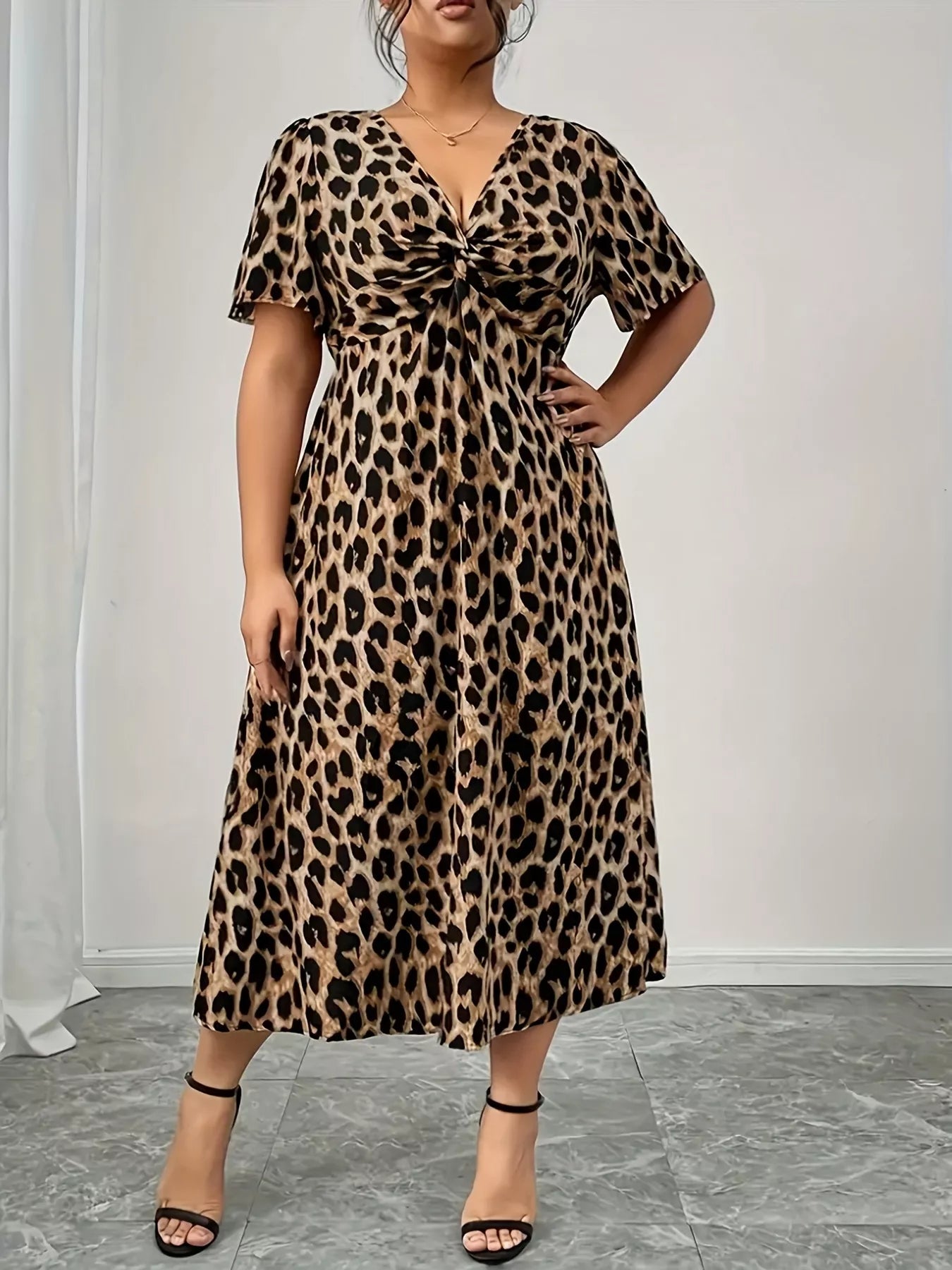 Plus Size Twisted Front Leopard Short Sleeve Dress-Dresses-Krush Kandy, Women's Online Fashion Boutique Located in Phoenix, Arizona (Scottsdale Area)