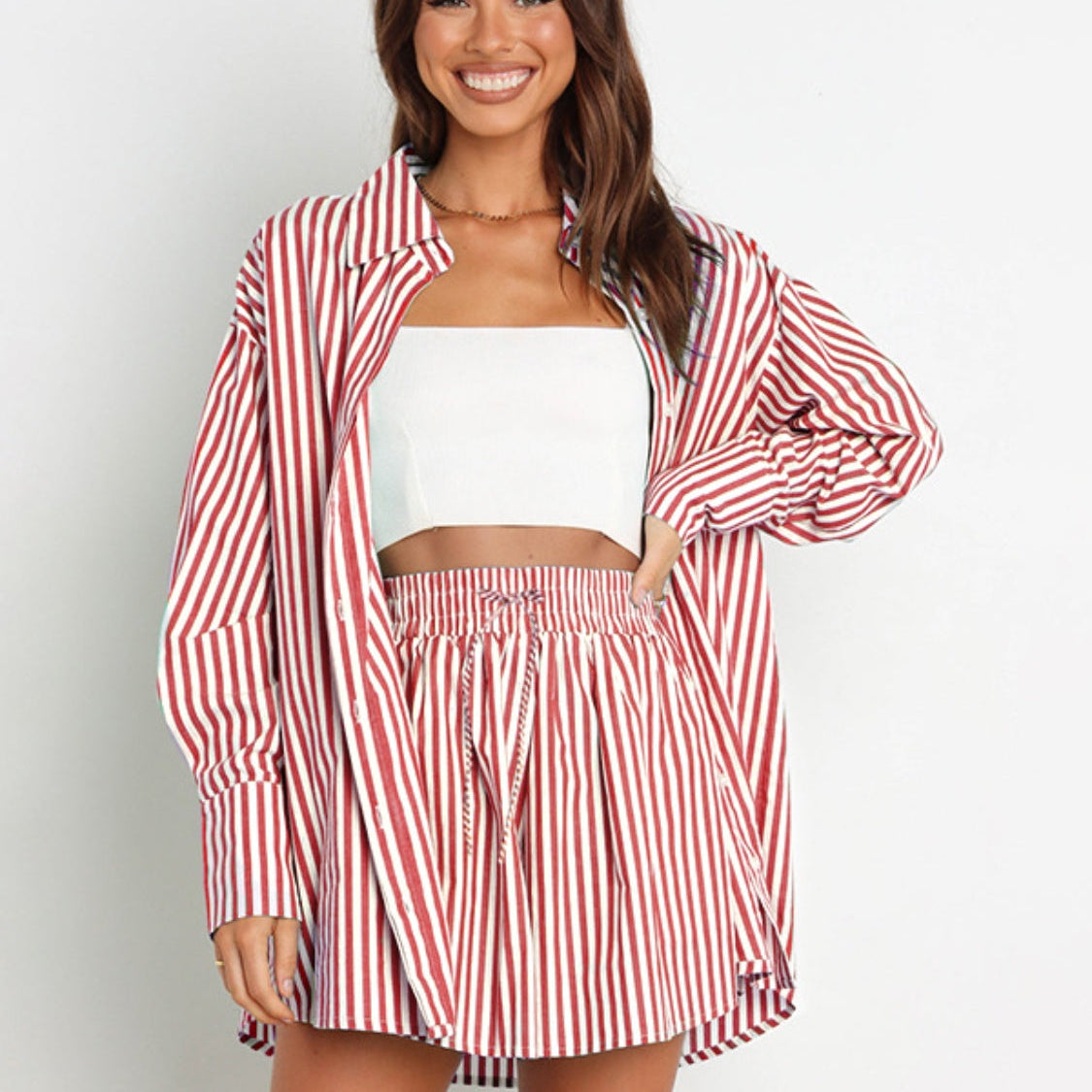 Bon Voyage Striped Button Down Top & Shorts Set-2 Piece Outfit Sets-Krush Kandy, Women's Online Fashion Boutique Located in Phoenix, Arizona (Scottsdale Area)