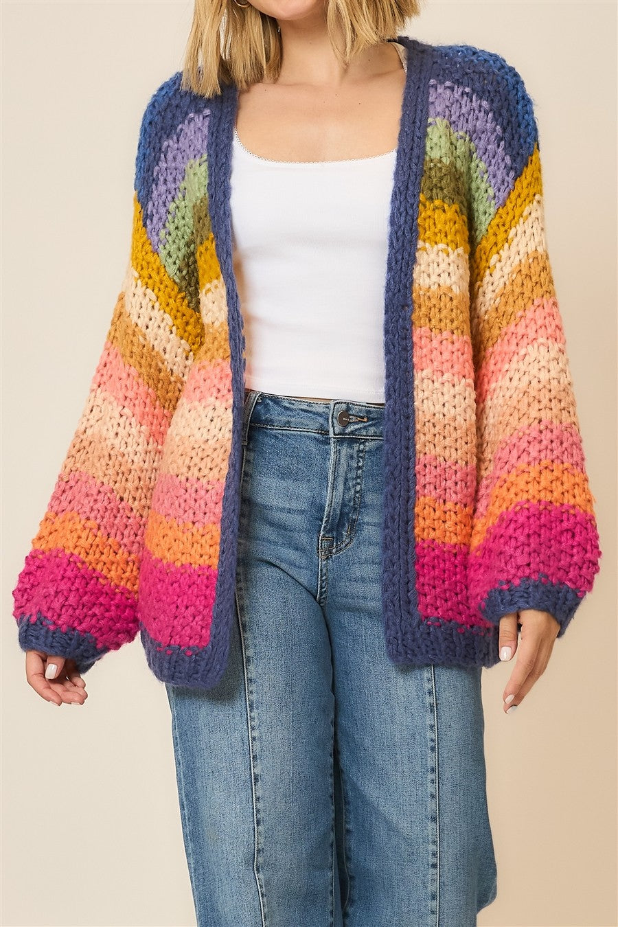 Multi Color Lantern Sleeve Handmade Large Gauge Cardigan-Cardigans-Krush Kandy, Women's Online Fashion Boutique Located in Phoenix, Arizona (Scottsdale Area)