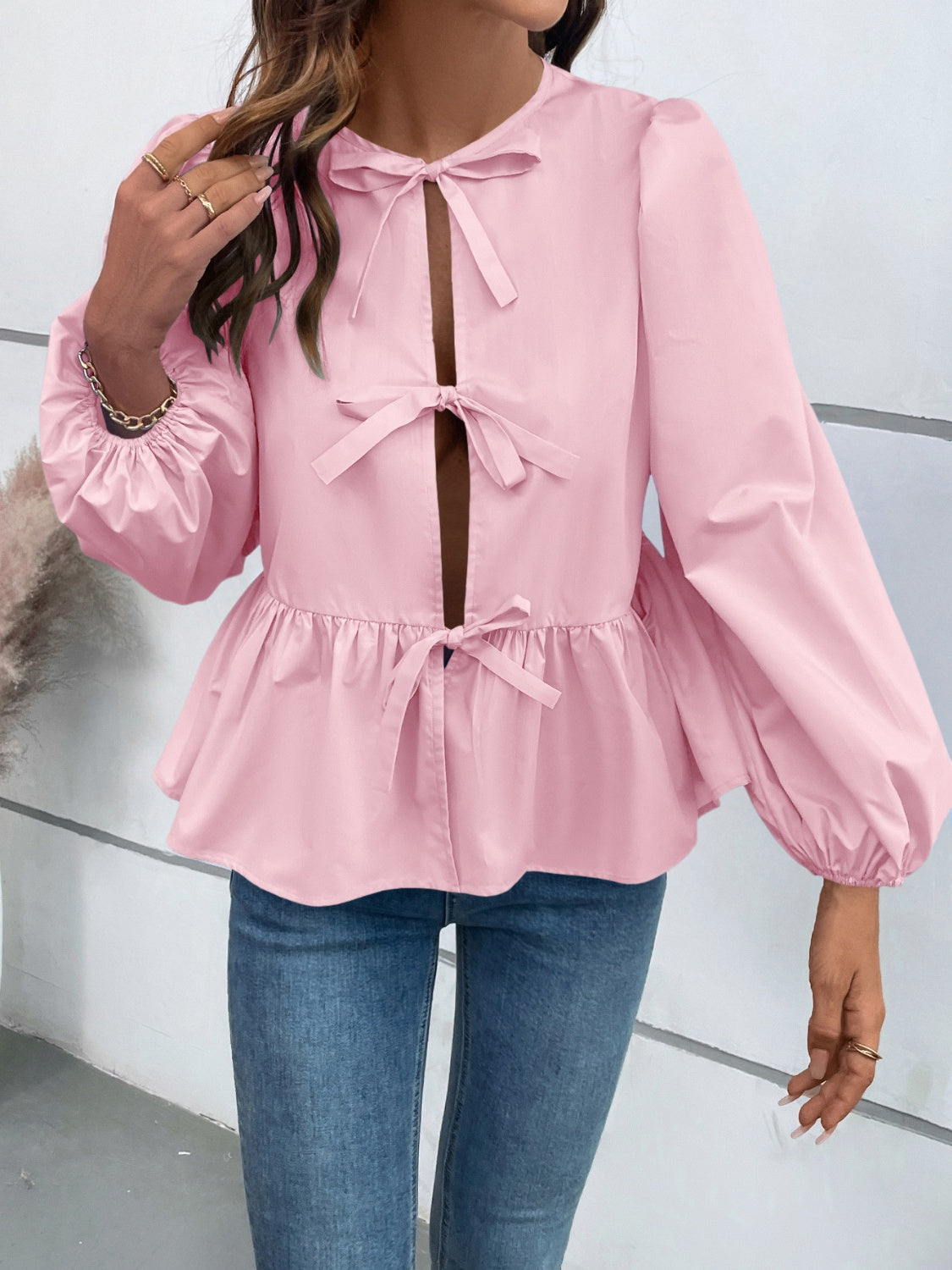 Ivy Lane Peplum Tied Long Sleeve Blouse-Krush Kandy, Women's Online Fashion Boutique Located in Phoenix, Arizona (Scottsdale Area)