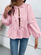 Ivy Lane Peplum Tied Long Sleeve Blouse-Krush Kandy, Women's Online Fashion Boutique Located in Phoenix, Arizona (Scottsdale Area)