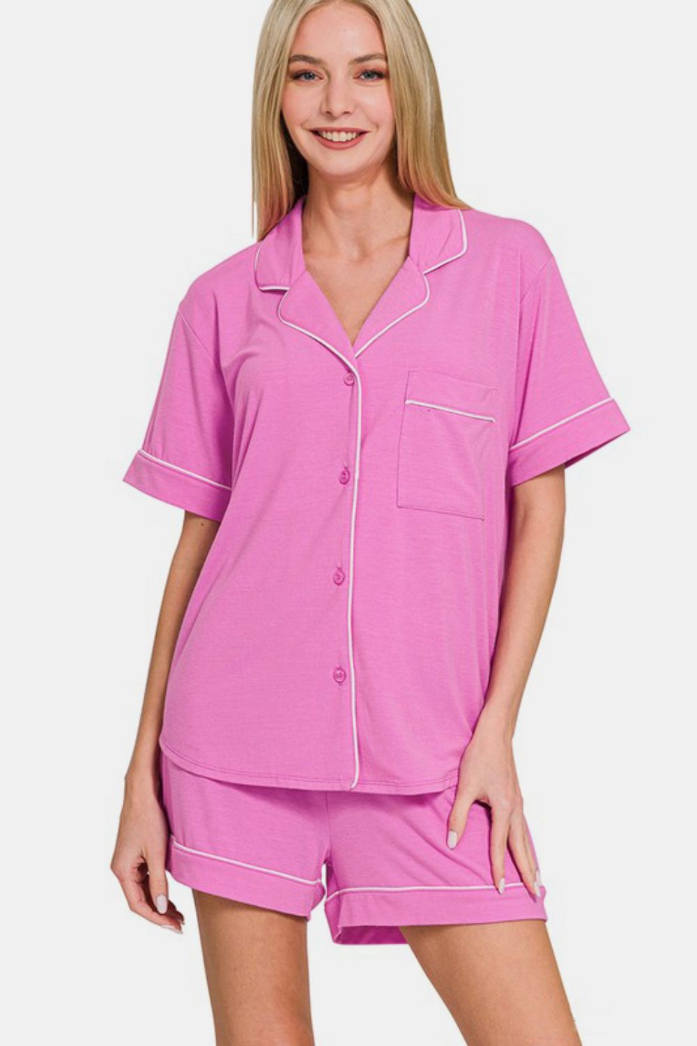 Zenana Button Down Short Sleeve Top and Shorts Lounge Set-Loungewear-Krush Kandy, Women's Online Fashion Boutique Located in Phoenix, Arizona (Scottsdale Area)