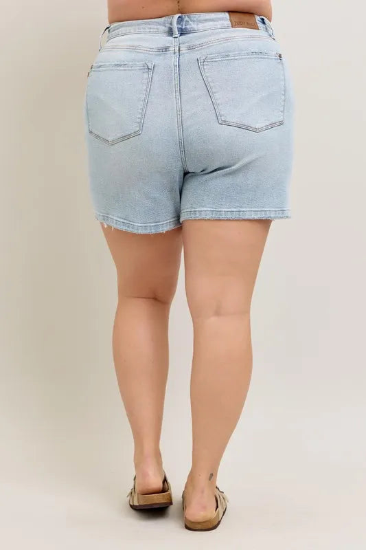 Judy Blue Full Size Frayed Hem High Rise Denim Shorts with Pockets Plus Size-Denim-Krush Kandy, Women's Online Fashion Boutique Located in Phoenix, Arizona (Scottsdale Area)