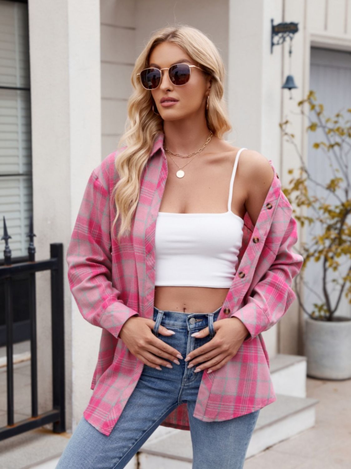 Mandy Pocketed Plaid Collared Neck Long Sleeve Shirt-Krush Kandy, Women's Online Fashion Boutique Located in Phoenix, Arizona (Scottsdale Area)